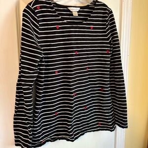 Black & White Striped Long Sleeve Tee with Red Heart Embroidery